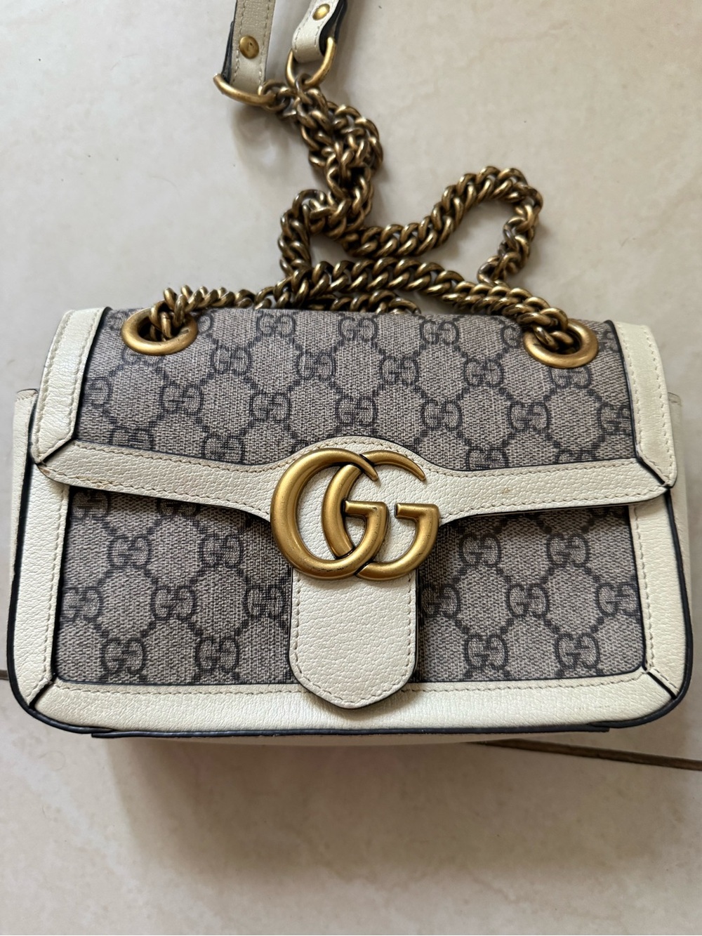 Gucci GG Marmont Small GG Supreme Canvas White Leather Chain Shoulder Crossbody